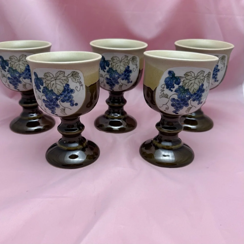 VTG Otagiri Blue Grapevine Goblet Set Stoneware MCM Wine Barware Japan